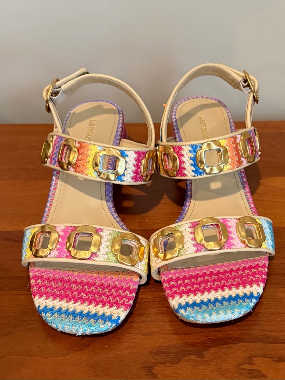 Larroude Multicolor Braided Strap Sandals with Gold Buckle Accents